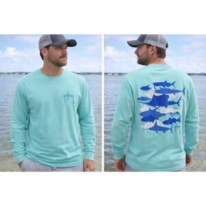 Guy Harvey Long Sleeve Shirt Mens L Aqua Blue Fishing Graphic Performance NWT